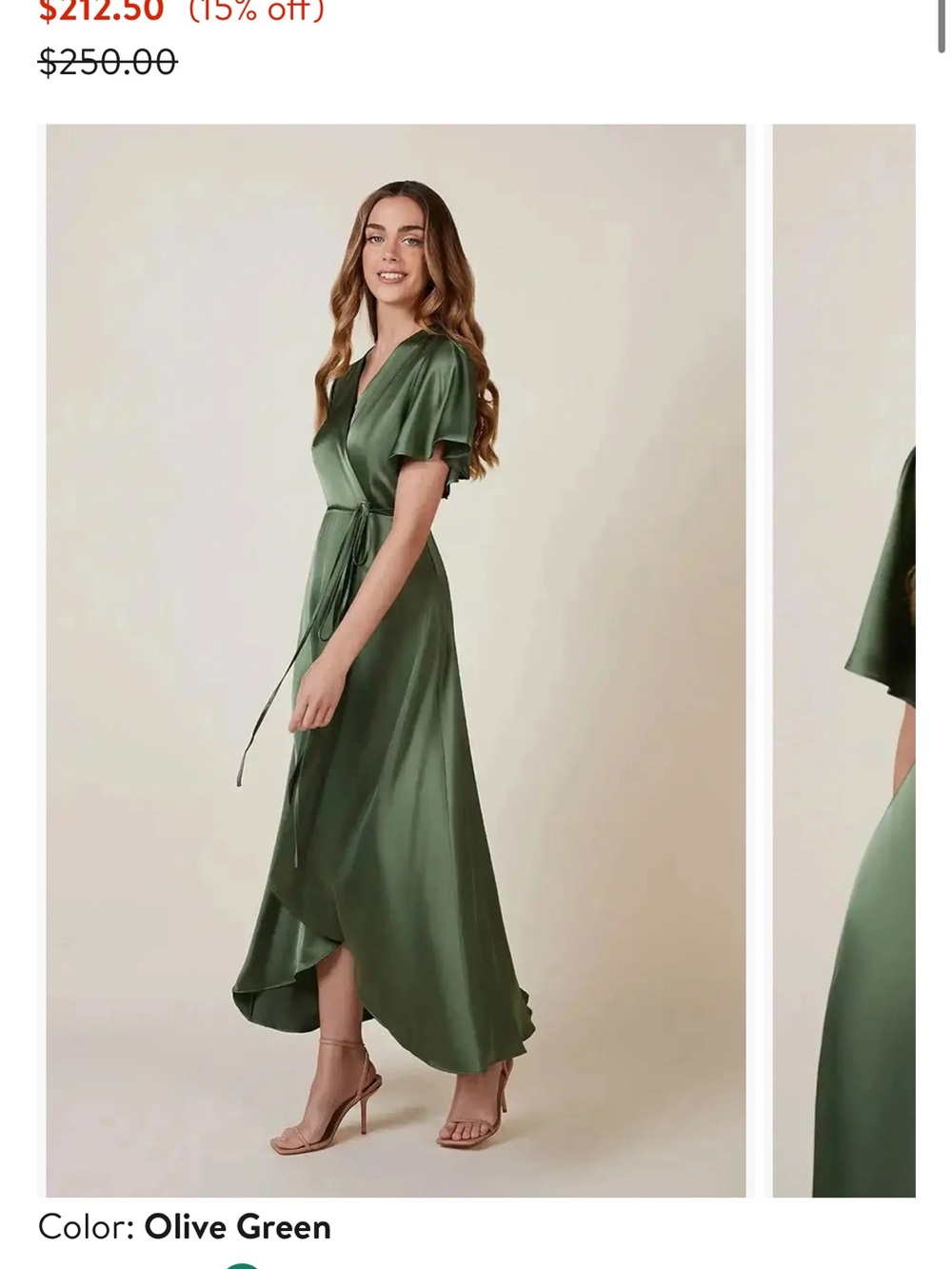 Olive Green Satin Wrap Maxi Dress with Short Sleeves